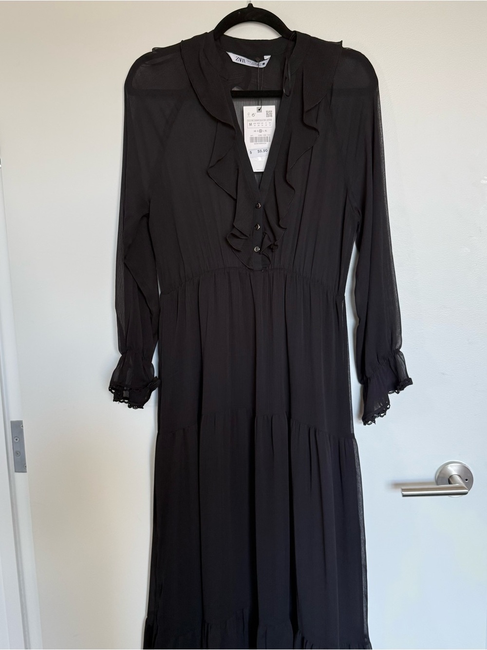 NWT Zara Black Ruffle V-Neck Maxi Dress